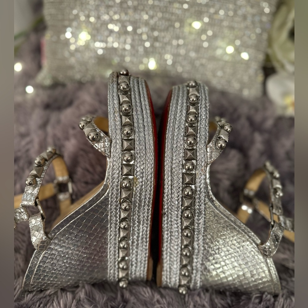 🔥CHRISTIAN LOUBOUTIN 100% AuthSilver Snake&Embellished Platform Espadrille 39 - Picture 2 of 16